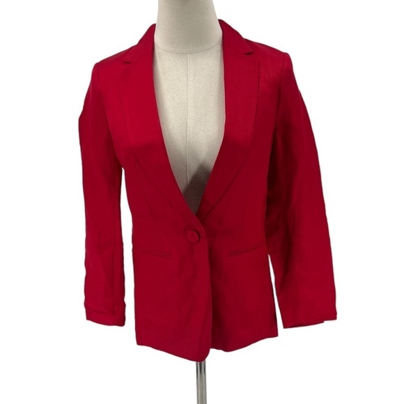 NWT H&M Red Single Button Notched Lapels Welt Front Pocket Blazer Size 2 Women's - Picture 1 of 10